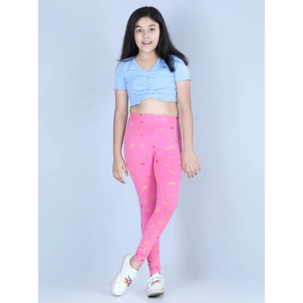 Girl's Cotton Lycra Printed Elasticated Leggings (Pink)