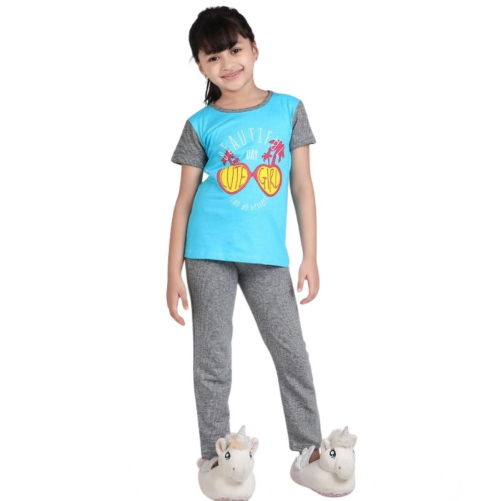 Girl's Cotton Hosiery Printed Night Suit Set (Blue-Grey)