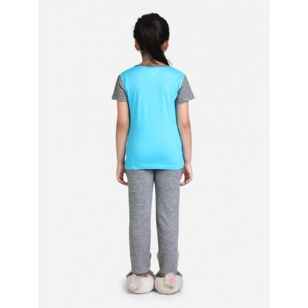 Girl's Cotton Hosiery Printed Night Suit Set (Blue-Grey)