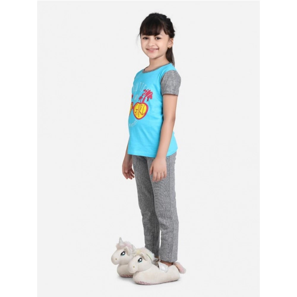 Girl's Cotton Hosiery Printed Night Suit Set (Blue-Grey)