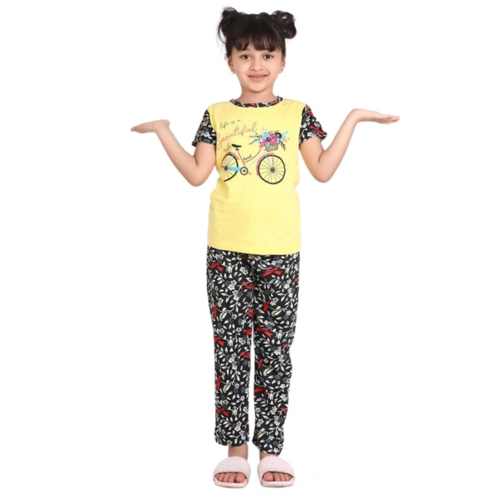 Girl's Cotton Hosiery Printed Night Suit Set (Yellow-Black)