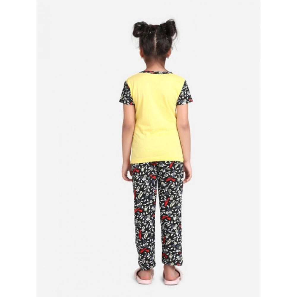 Girl's Cotton Hosiery Printed Night Suit Set (Yellow-Black)