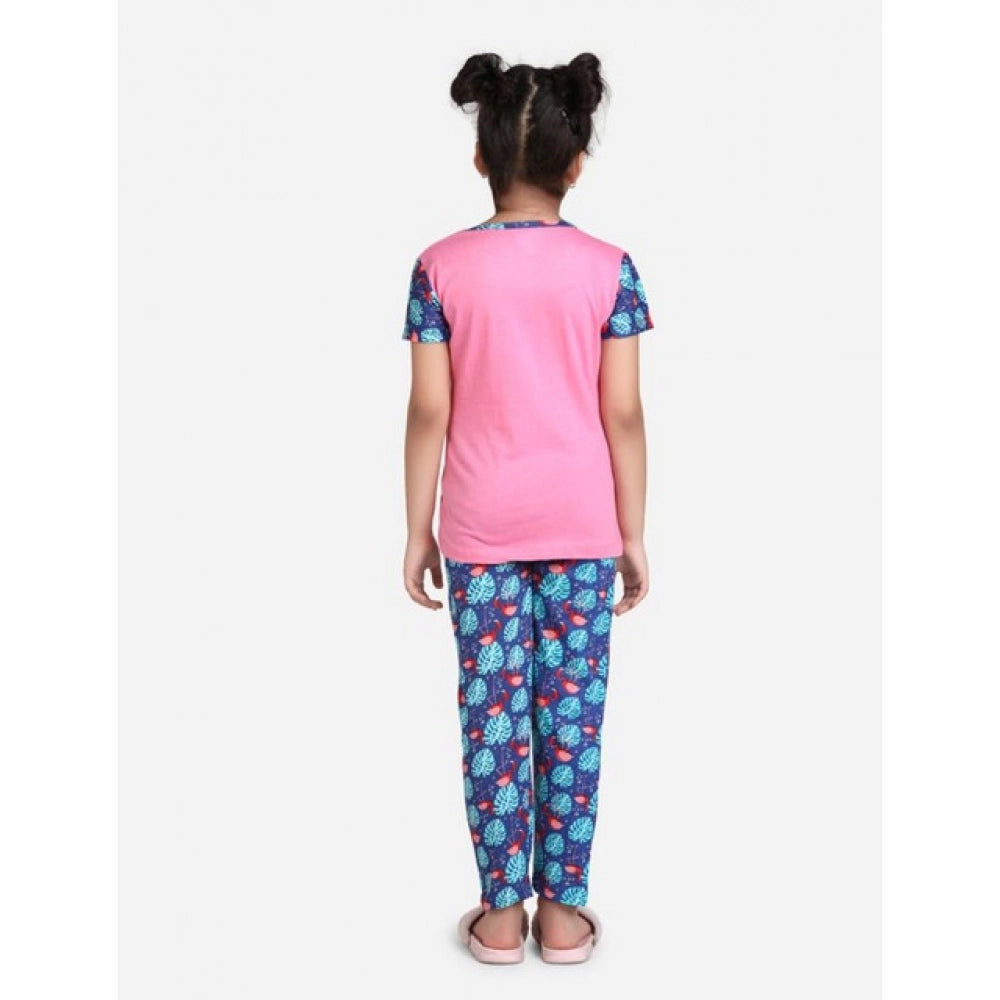 Girl's Cotton Hosiery Printed Night Suit Set (Pink-Blue)