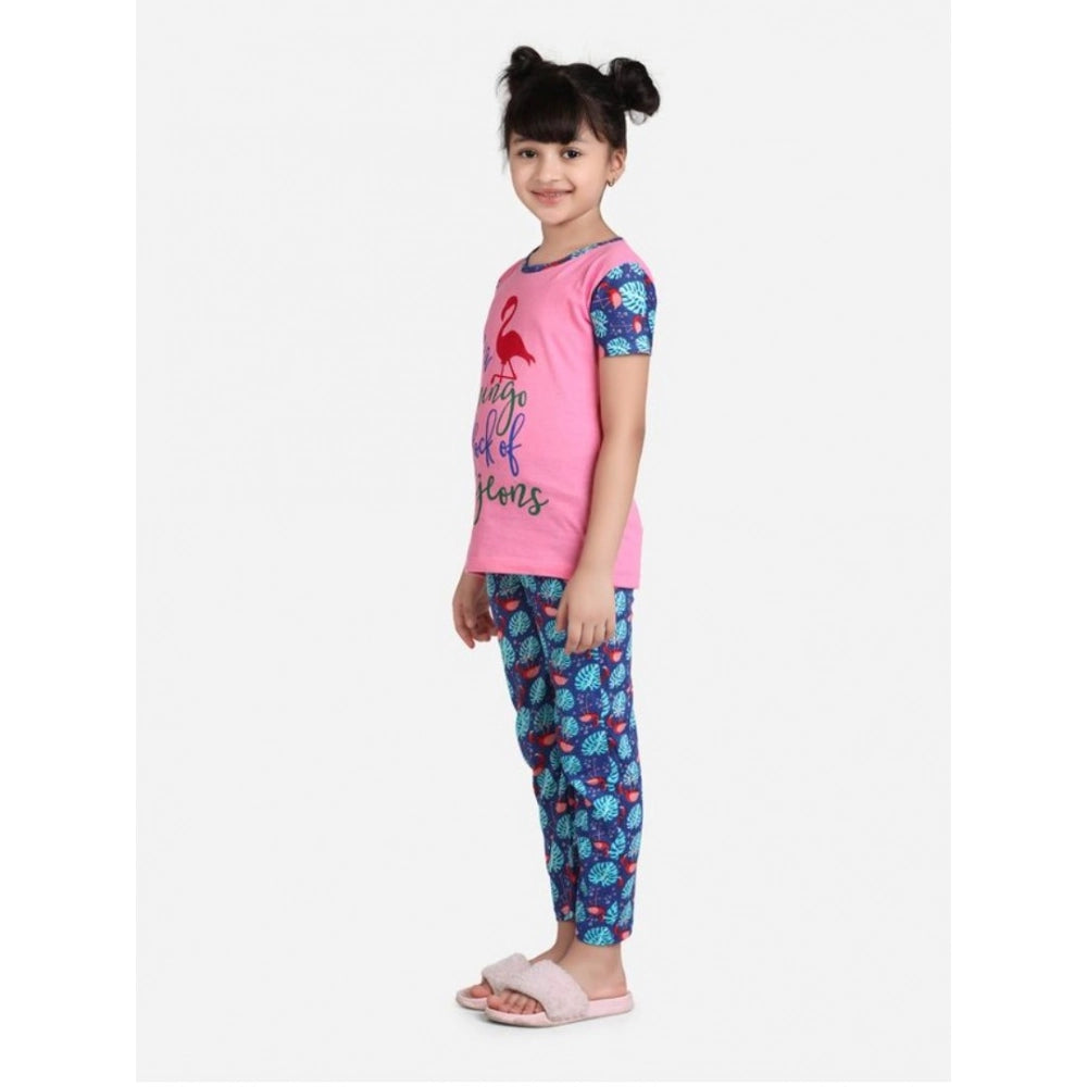Girl's Cotton Hosiery Printed Night Suit Set (Pink-Blue)