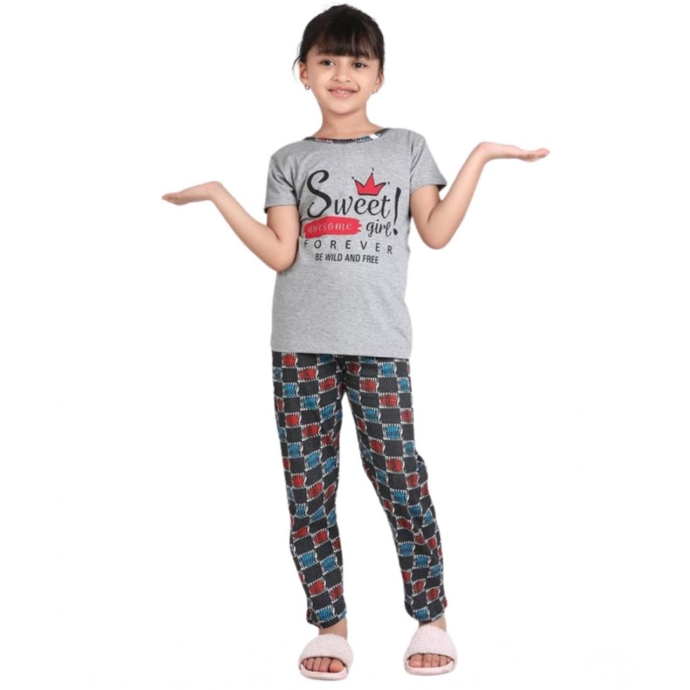 Girl's Cotton Hosiery Printed Night Suit Set (Grey-Red)