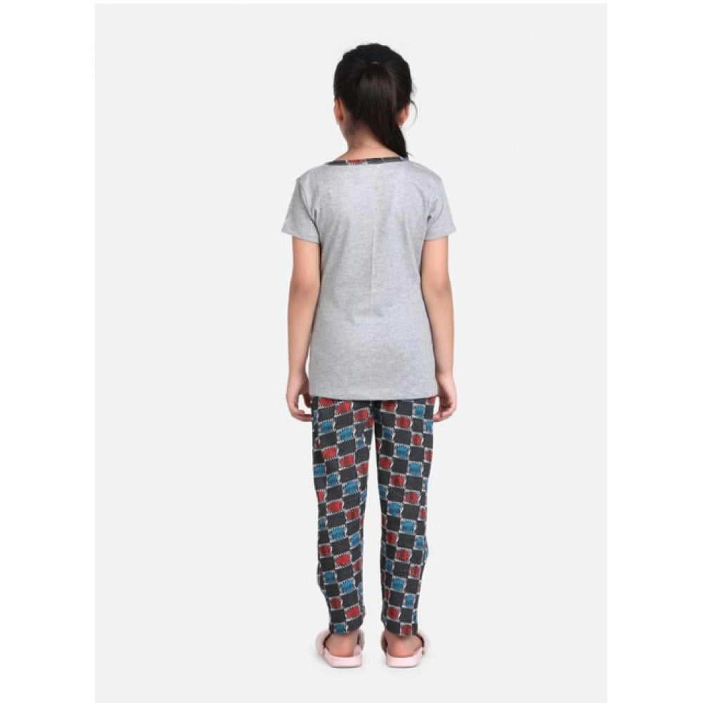 Girl's Cotton Hosiery Printed Night Suit Set (Grey-Red)