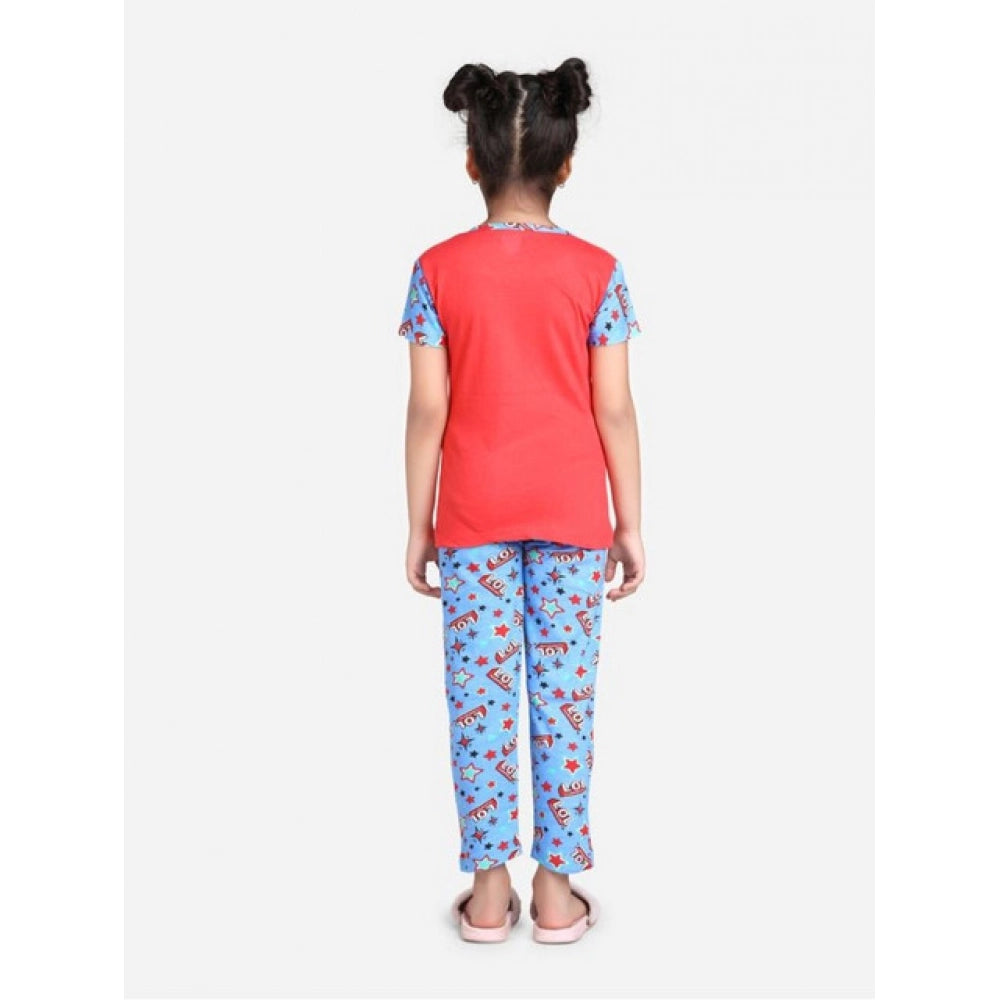 Girl's Cotton Hosiery Printed Night Suit Set (Red-Blue)