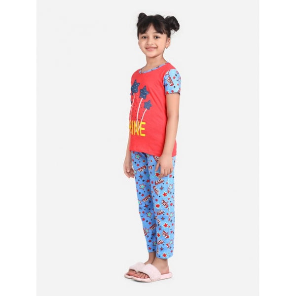 Girl's Cotton Hosiery Printed Night Suit Set (Red-Blue)