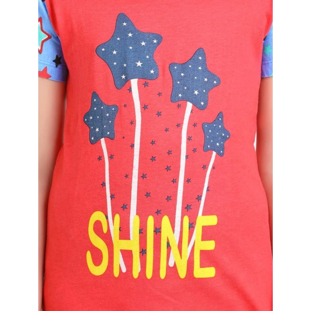 Girl's Cotton Hosiery Printed Night Suit Set (Red-Blue)