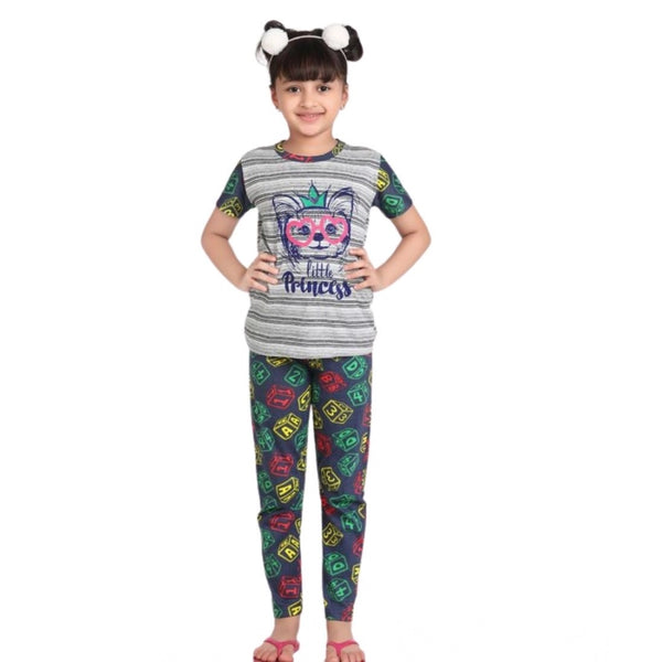 Girl's Cotton Hosiery Printed Night Suit Set (Grey-Green)