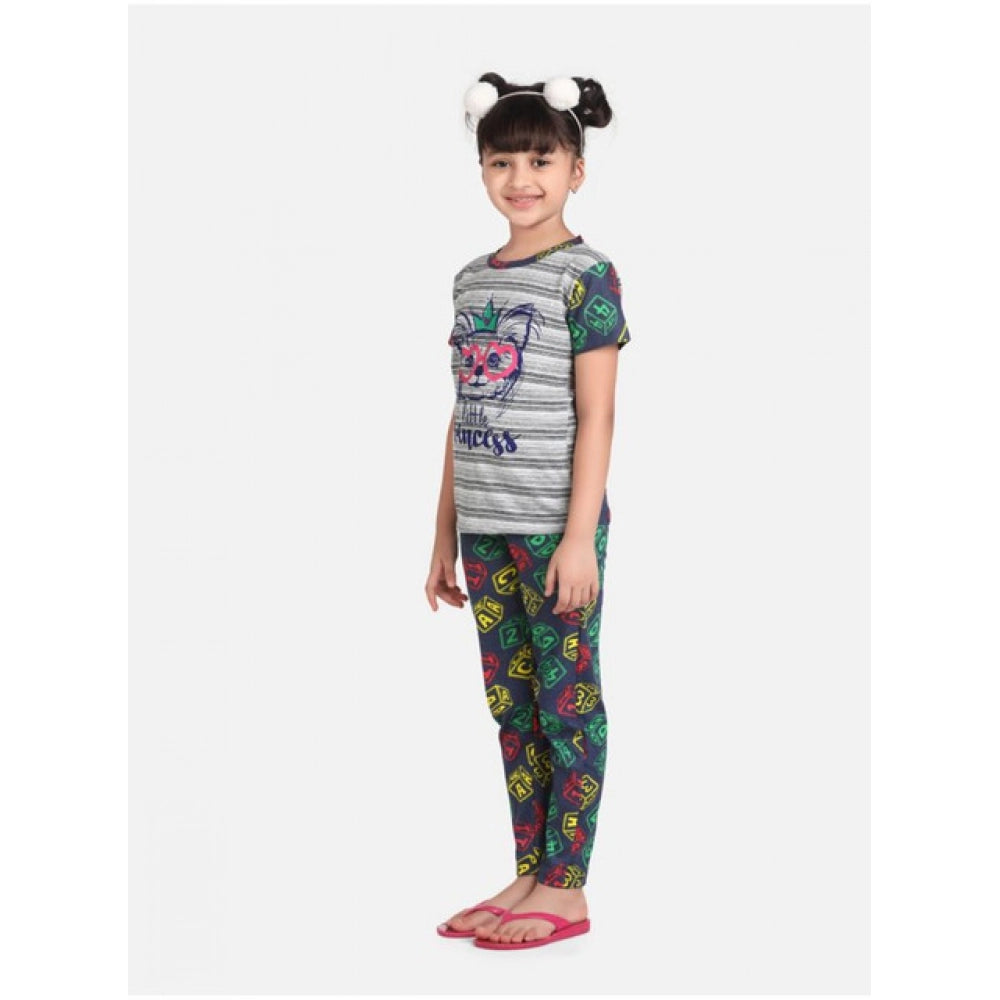 Girl's Cotton Hosiery Printed Night Suit Set (Grey-Green)