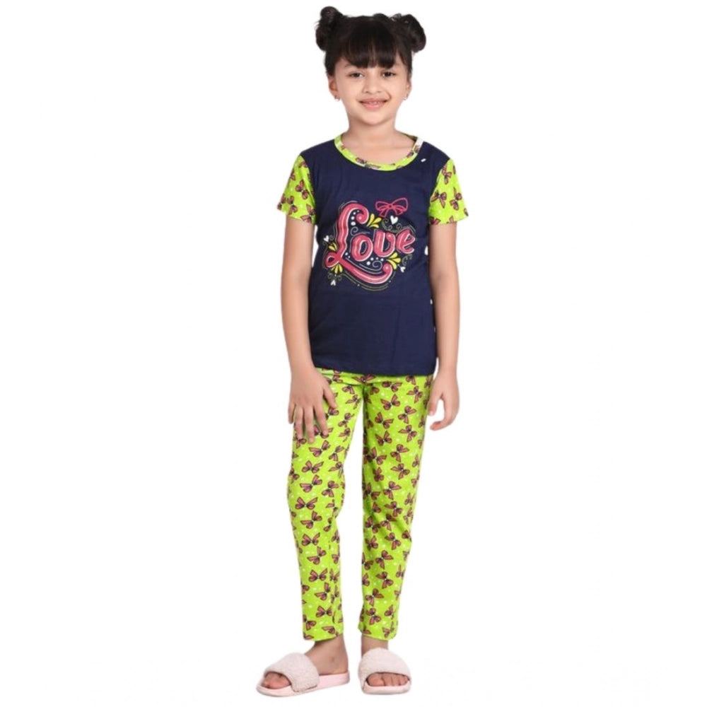 Girl's Cotton Hosiery Printed Night Suit Set (Navy-Green)