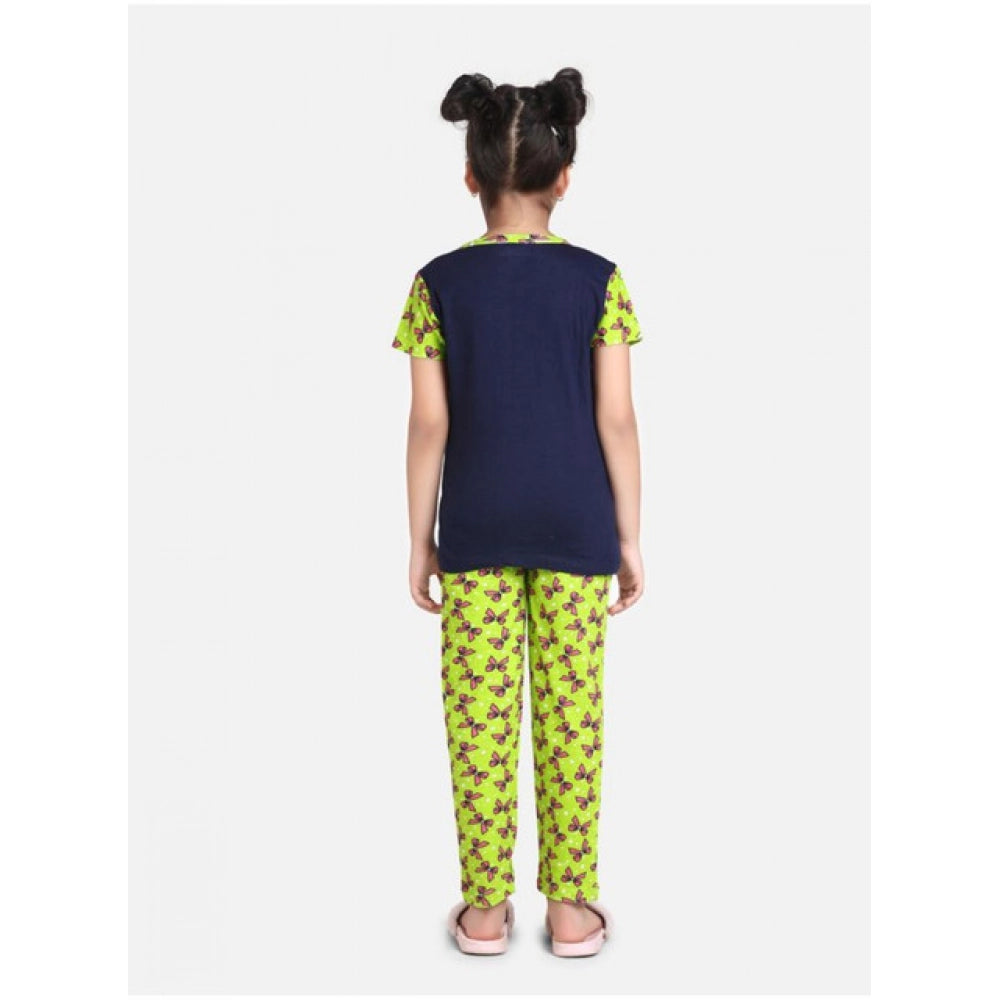 Girl's Cotton Hosiery Printed Night Suit Set (Navy-Green)