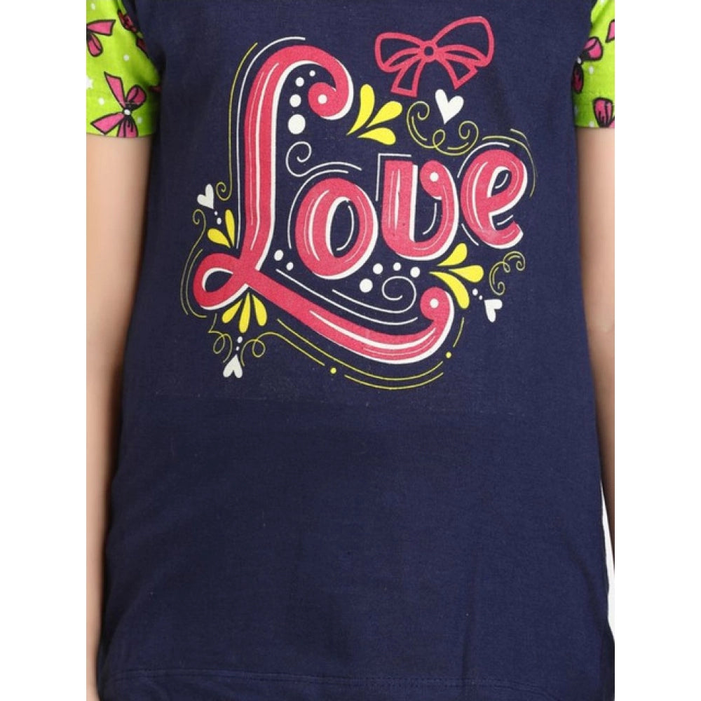 Girl's Cotton Hosiery Printed Night Suit Set (Navy-Green)