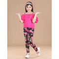 Girl's Cotton Floral Elasticated Jegging and Top Set (Black-Pink)