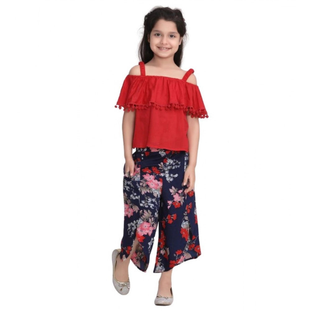 Girl's Rayon Crepe Printed Cold Shoulder Top and Pants Set (Red-Navy)