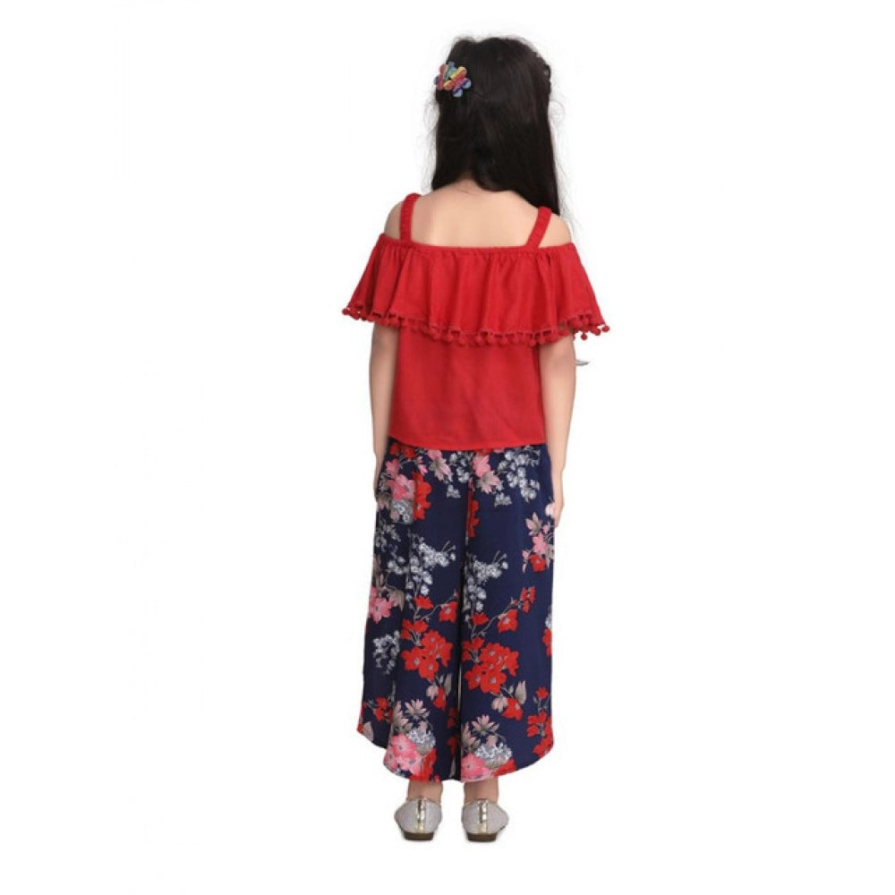 Girl's Rayon Crepe Printed Cold Shoulder Top and Pants Set (Red-Navy)