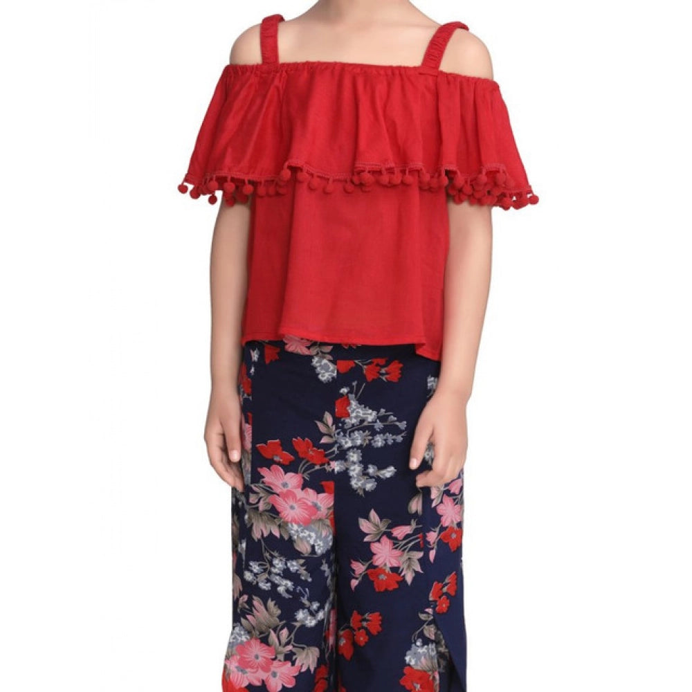 Girl's Rayon Crepe Printed Cold Shoulder Top and Pants Set (Red-Navy)