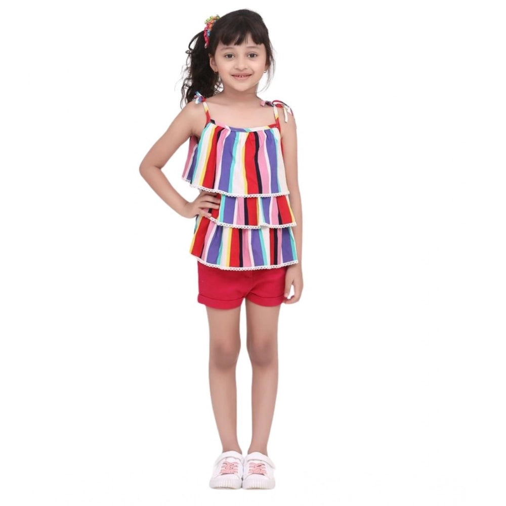 Girl's Polyester Crepe Striped Tie Ups Shorts Set (Multicolor)