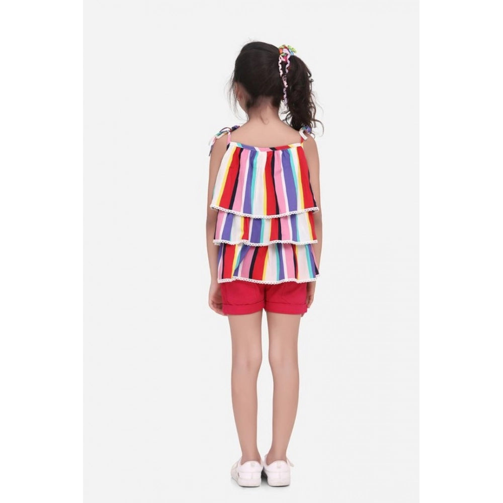 Girl's Polyester Crepe Striped Tie Ups Shorts Set (Multicolor)