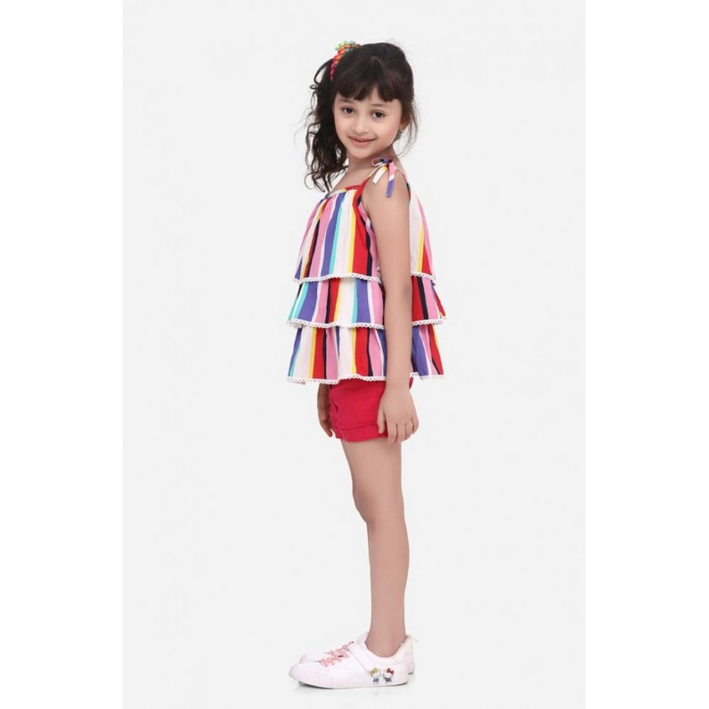 Girl's Polyester Crepe Striped Tie Ups Shorts Set (Multicolor)