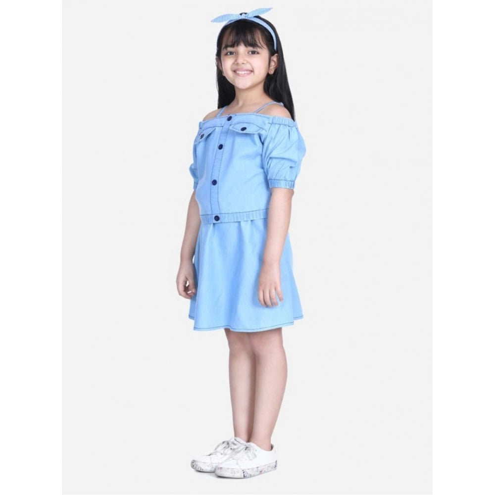 Girl's Denim Solid Cold Shoulder Top and Skirt Set (Light Blue)