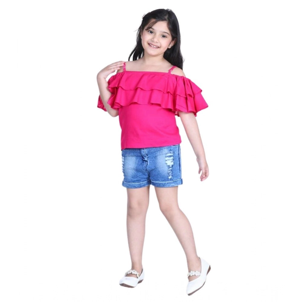 Girl's Rayon Solid Cold Shoulder Top with Shorts (Pink-Blue)