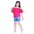 Girl's Rayon Solid Cold Shoulder Top with Shorts (Pink-Blue)