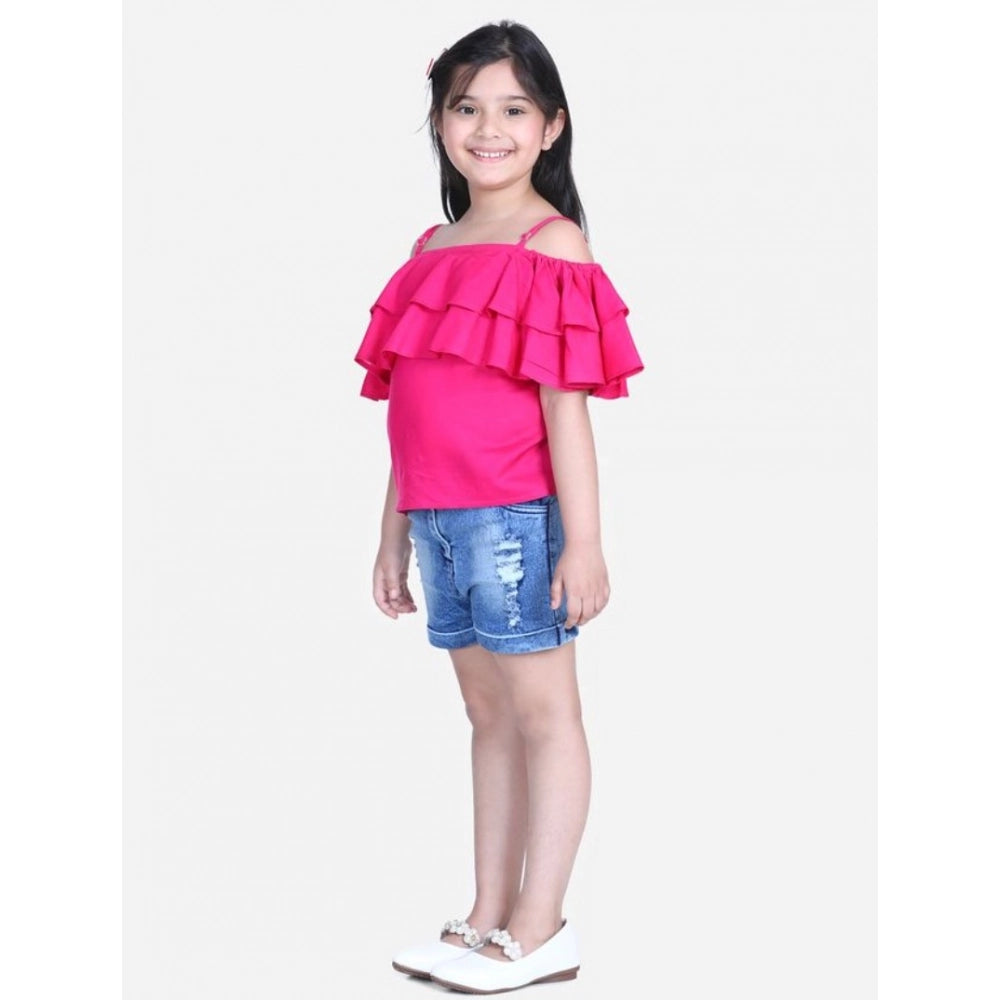 Girl's Rayon Solid Cold Shoulder Top with Shorts (Pink-Blue)