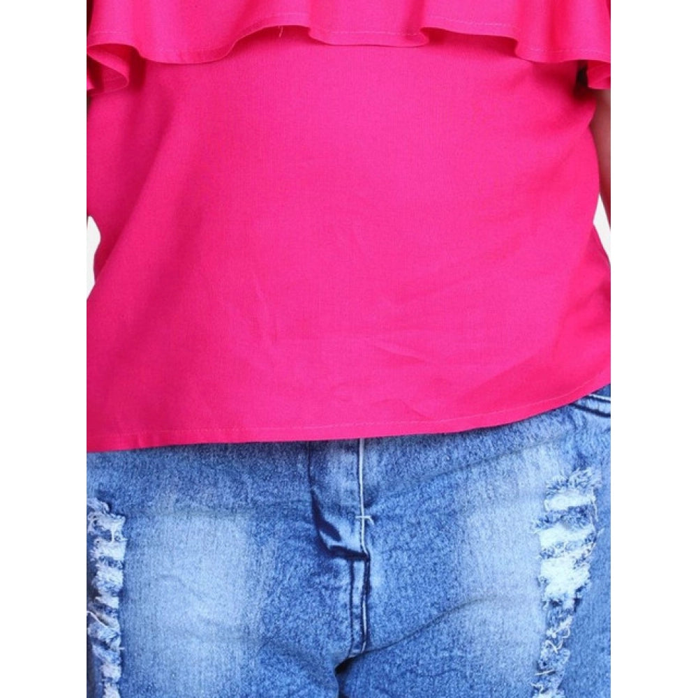 Girl's Rayon Solid Cold Shoulder Top with Shorts (Pink-Blue)