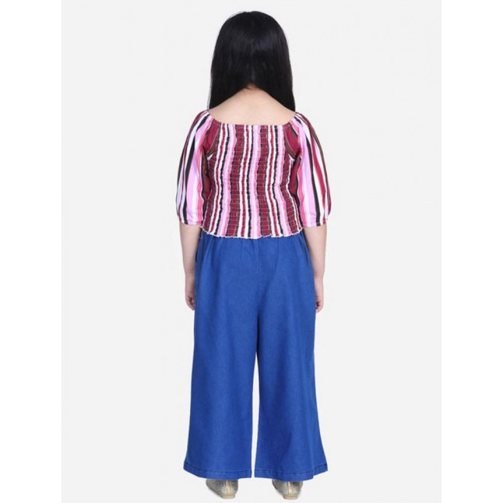 Girl's Rayon Solid Bell Sleeve Top with Culottes (Purple-Blue)