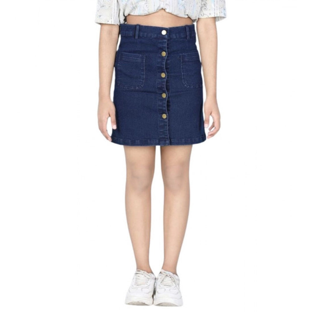 Girl's Denim Solid Buttoned Skirt (Navy Blue)