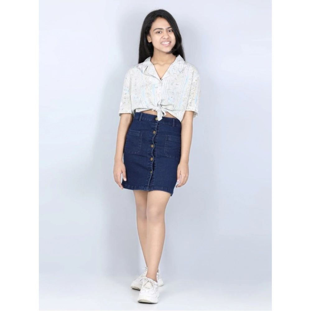 Girl's Denim Solid Buttoned Skirt (Navy Blue)