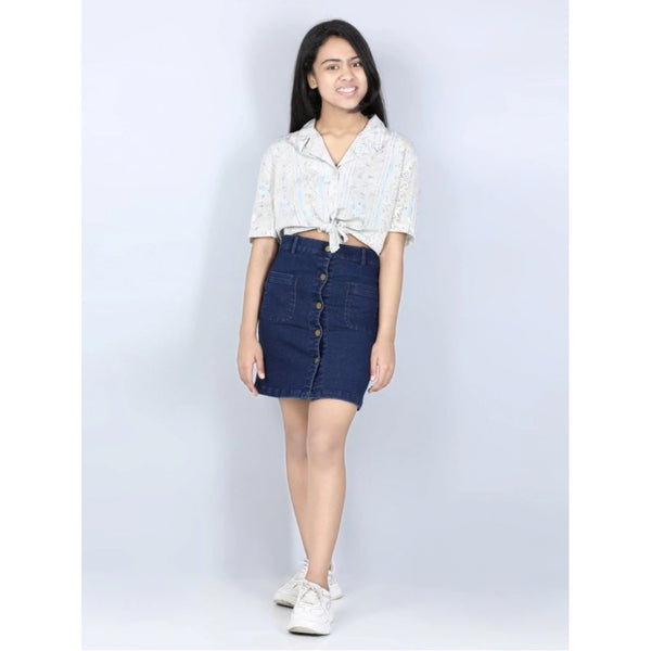 Girl's Denim Solid Buttoned Skirt (Navy Blue)