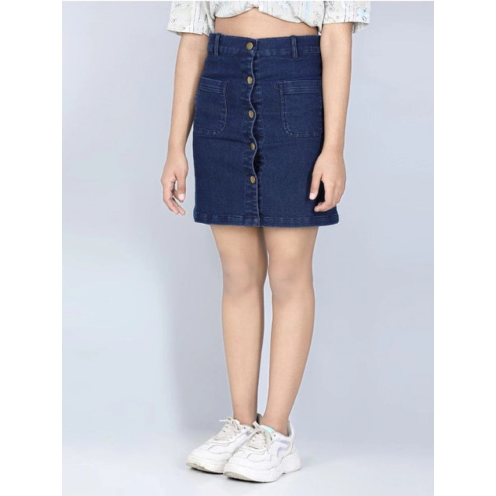 Girl's Denim Solid Buttoned Skirt (Navy Blue)