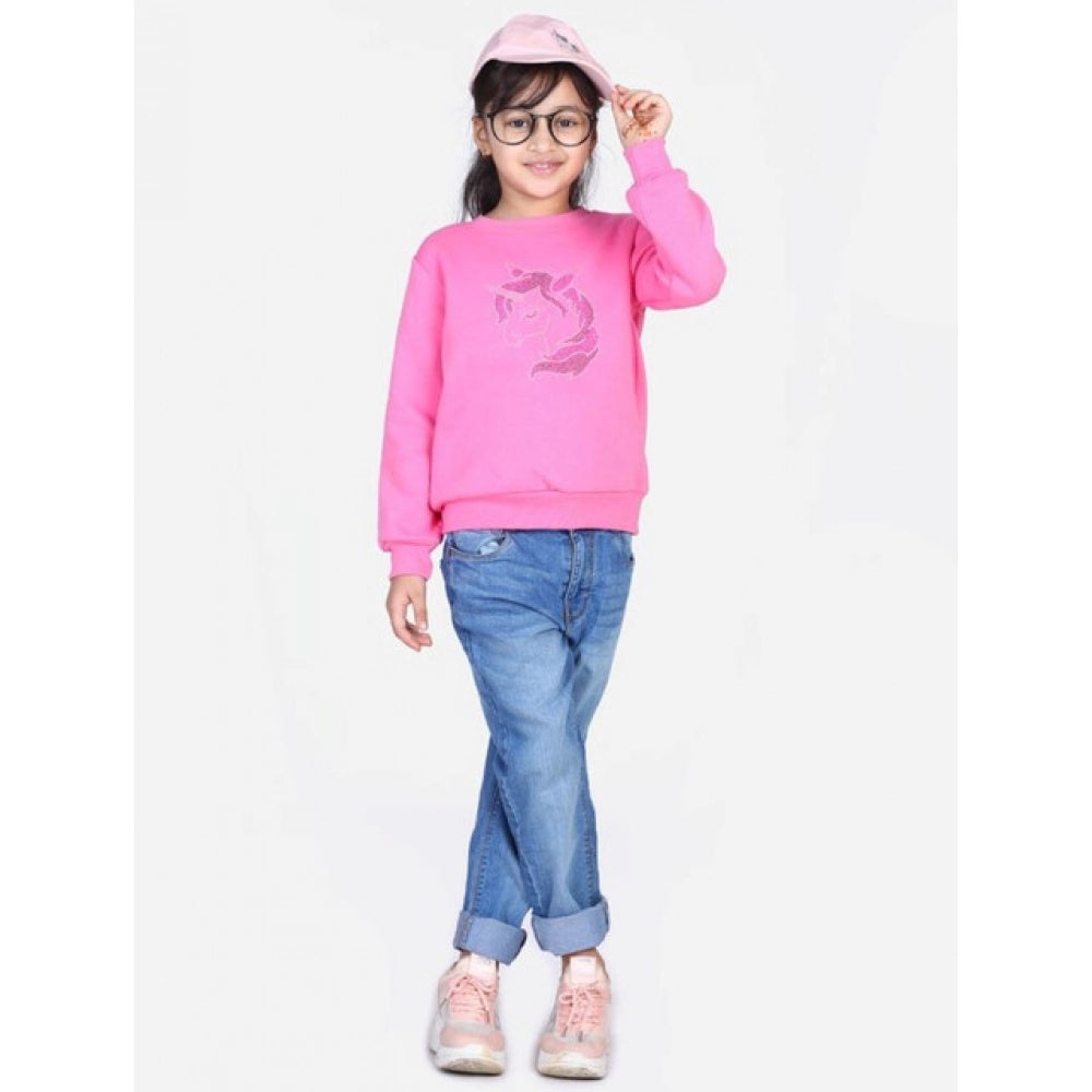 Girl's Fleece Embellished Long Sleeves Sweatshirt (Pink)