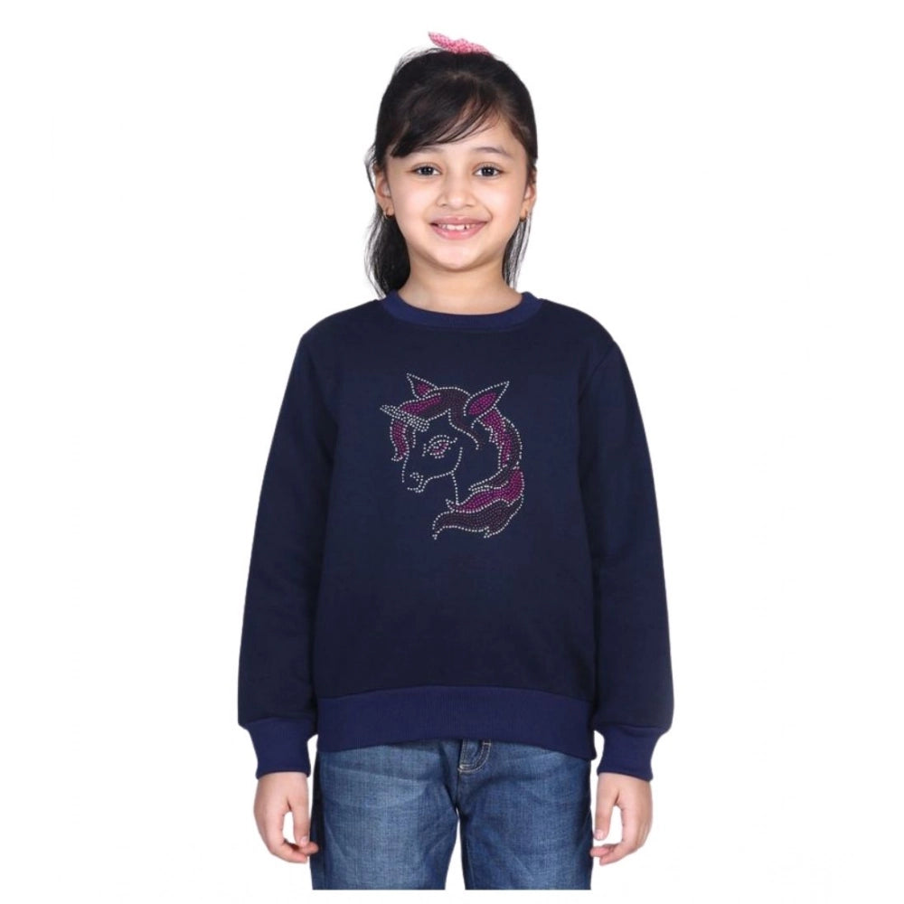 Girl's Fleece Embellished Long Sleeves Sweatshirt (Navy Blue)