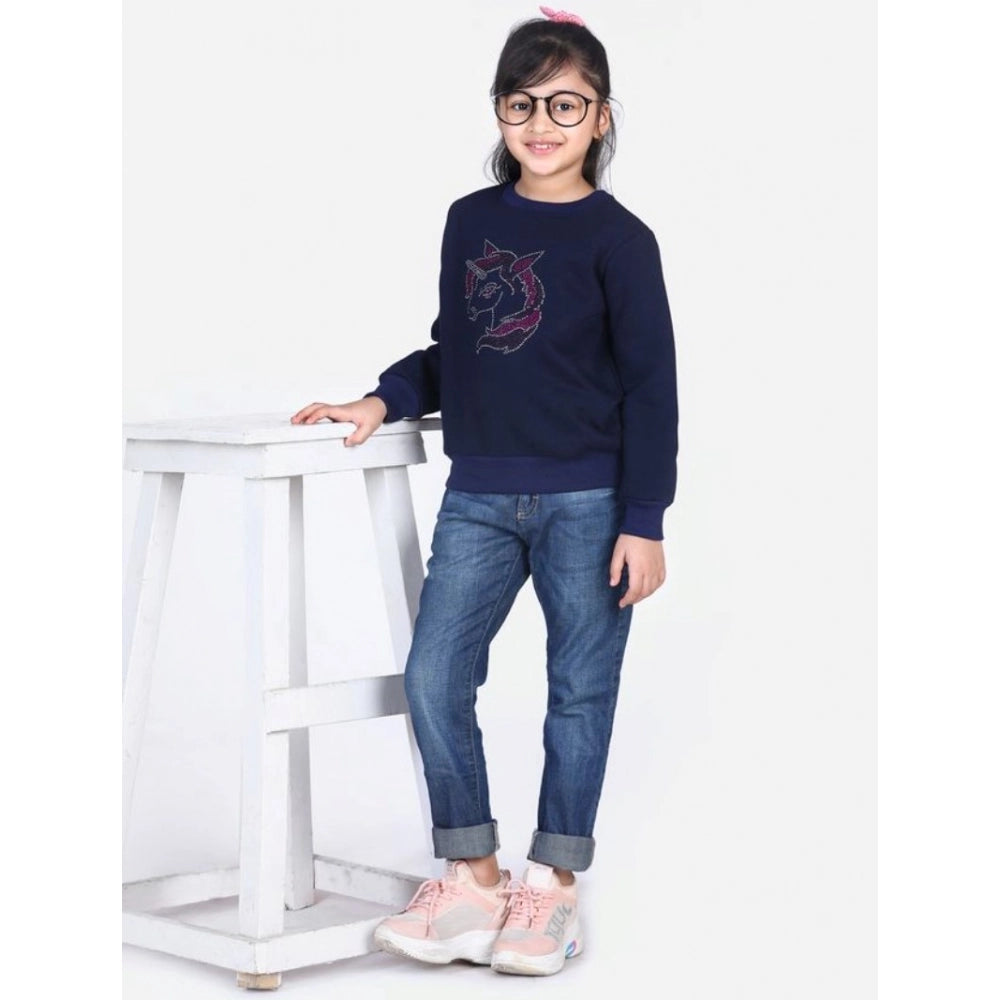 Girl's Fleece Embellished Long Sleeves Sweatshirt (Navy Blue)