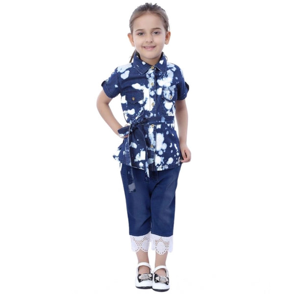Girl's Denim Tie &amp; Dye Short Sleeve Top (Blue-White)