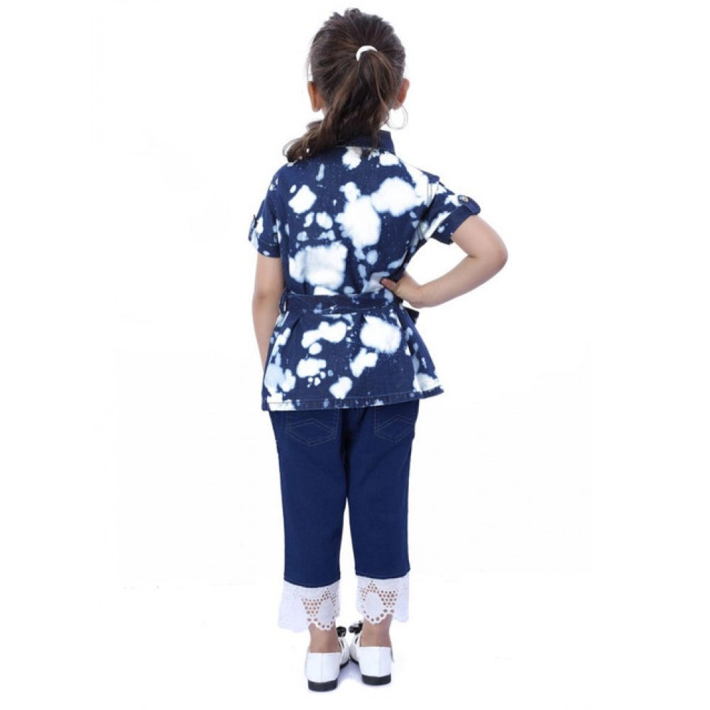 Girl's Denim Tie &amp; Dye Short Sleeve Top (Blue-White)