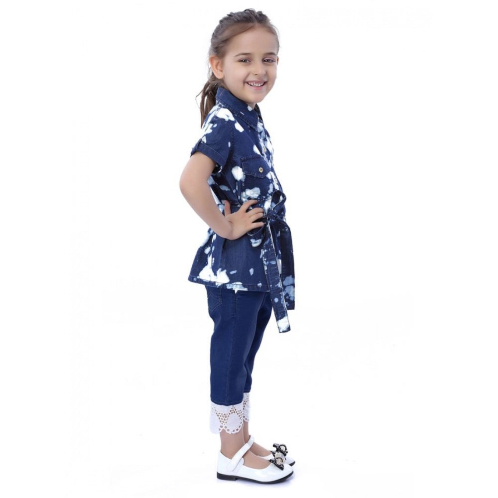 Girl's Denim Tie &amp; Dye Short Sleeve Top (Blue-White)