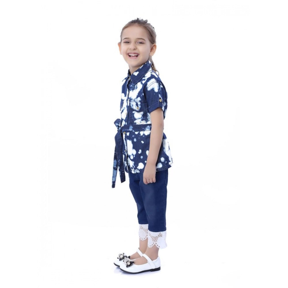 Girl's Denim Tie &amp; Dye Short Sleeve Top (Blue-White)