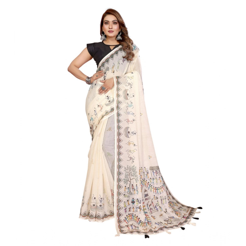 Women's Linen Cotton Printed Saree With Unstitched Blouse 5.5Mtr (Off White)