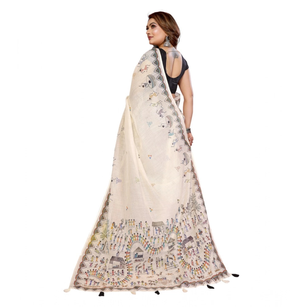 Women's Linen Cotton Printed Saree With Unstitched Blouse 5.5Mtr (Off White)