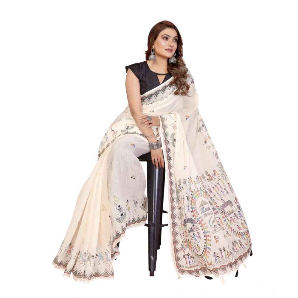 Women's Linen Cotton Printed Saree With Unstitched Blouse 5.5Mtr (Off White)