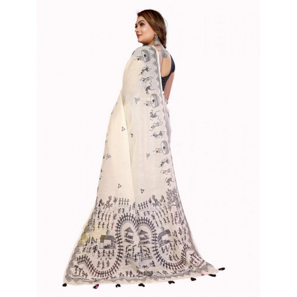 Women's Linen Cotton Printed Saree With Unstitched Blouse 5.5Mtr (Off White)