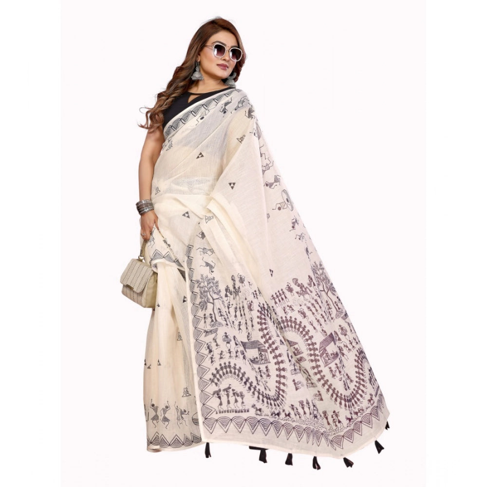 Women's Linen Cotton Printed Saree With Unstitched Blouse 5.5Mtr (Off White)
