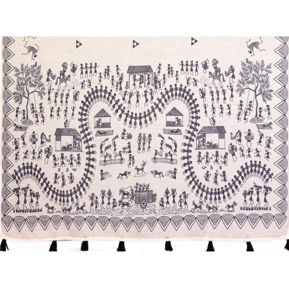 Women's Linen Cotton Printed Saree With Unstitched Blouse 5.5Mtr (Off White)