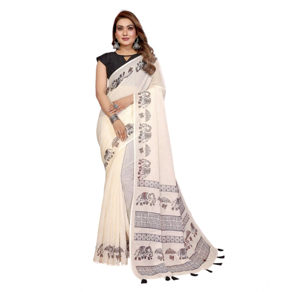 Women's Linen Cotton Printed Saree With Unstitched Blouse 5.5Mtr (Off White)