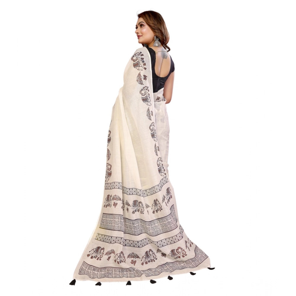 Women's Linen Cotton Printed Saree With Unstitched Blouse 5.5Mtr (Off White)